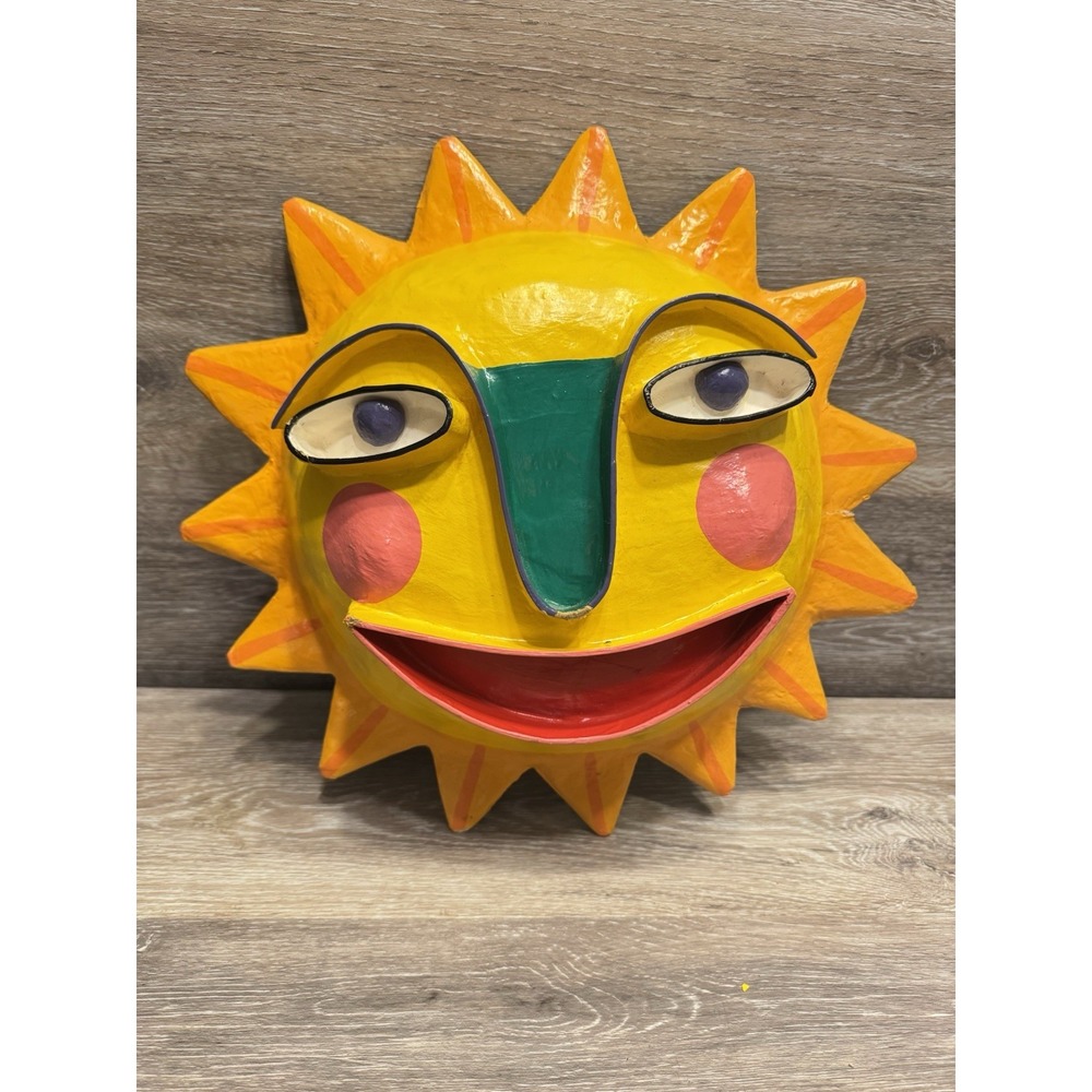 Gina Truex Folk Art Paper Mache Sun Face Wall Mask Celestial 1970s 1980s